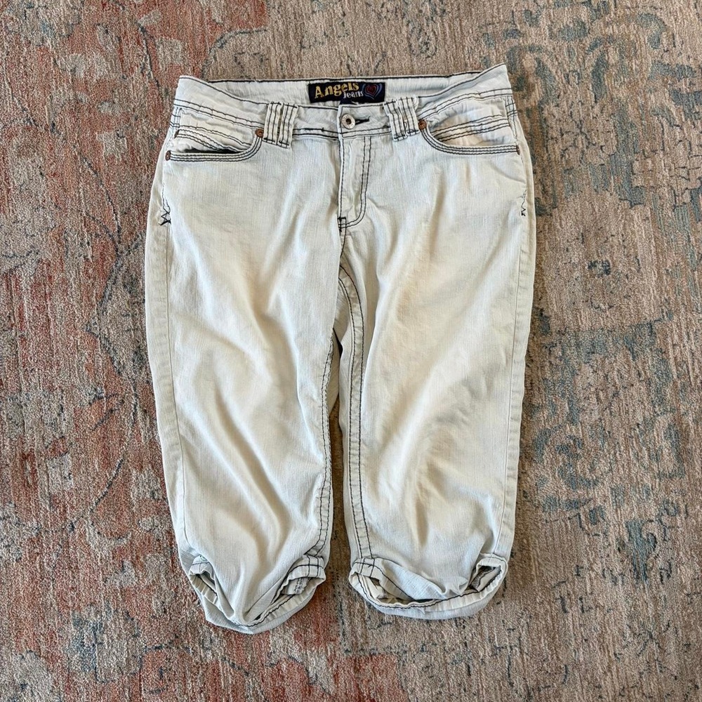 Angels Jeans Womens Size 13 Cream Low Rise Capri Denim Black Contrast Stitch Y2K